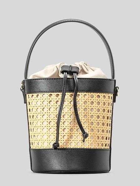 

Hollow Out Woven Rattan Beach Bucket Bag Drawstring Design Shoulder Crossbody Handbag, Black, Bags