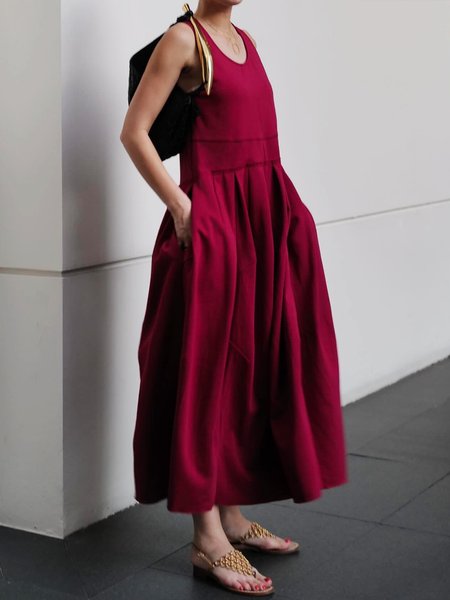 

Urban Plain Crew Neck Regular Fit Pockets Dress, Red, Maxi Dresses