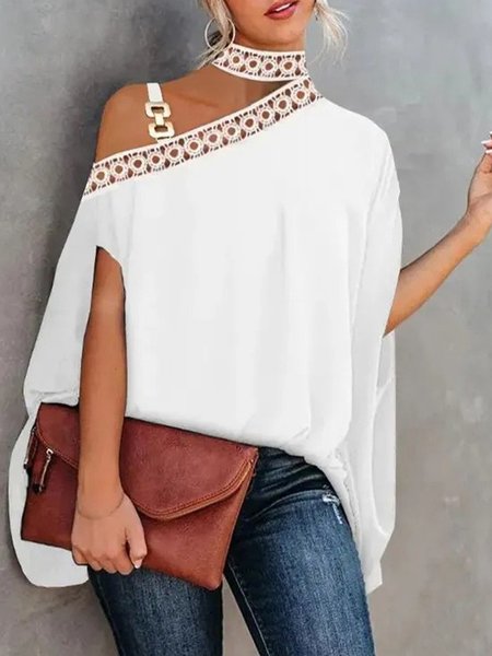 

Plus Size Cold Shoulder Loose Lace Edge Urban Chain Plain Shirt, White, Plus Tops