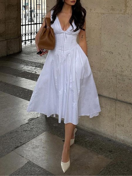 

Plain Elegant V neck Regular Fit Sleeveless Dress, White, Maxi Dresses