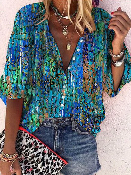 

V Neck Half Sleeve Random Print Regular Loose Blouse For Women, Multicolor, Shirts
