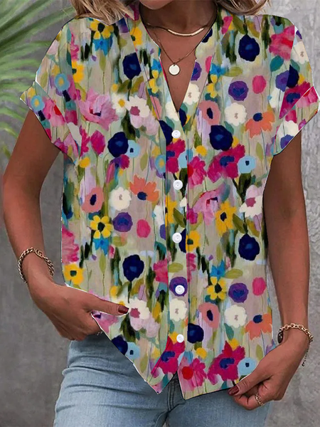 

Notched Short Sleeve Floral Regular Loose Blouse For Women, Multicolor, Shirts