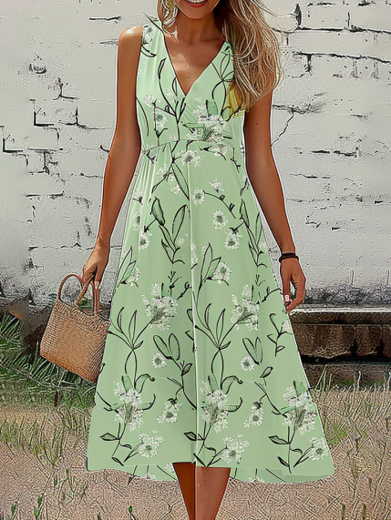 

Floral Regular Fit Elegant Ruched Dress, Green, Dresses