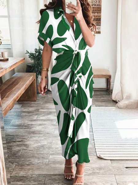 

Shirt Collar Regular Fit Printing Vacation Dress, White-green, Maxi Dresses