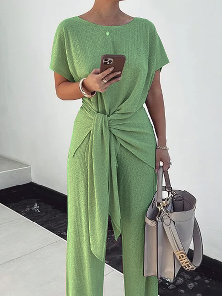 

Urban High Elasticity Crew Neck Waist-Tie Loose T-Shirt, Green, Tees