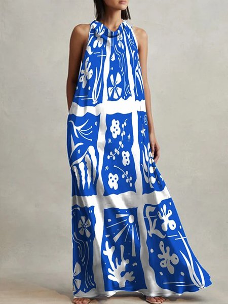 

Vacation Floral Crew Neck Loose Sleeveless Dress, Blue, Maxi Dresses