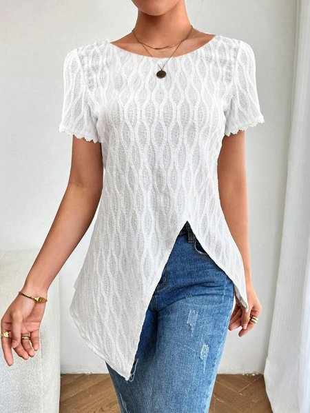

Women's Short Sleeve Shirt Summer White Plain Lace Edge Crew Neck Daily Casual Top, Shirts & Blouses