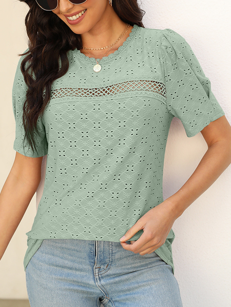 

Crew Neck Short Sleeve Plain Regular Micro-Elasticity Loose Shirt For Women, Green, Blouses