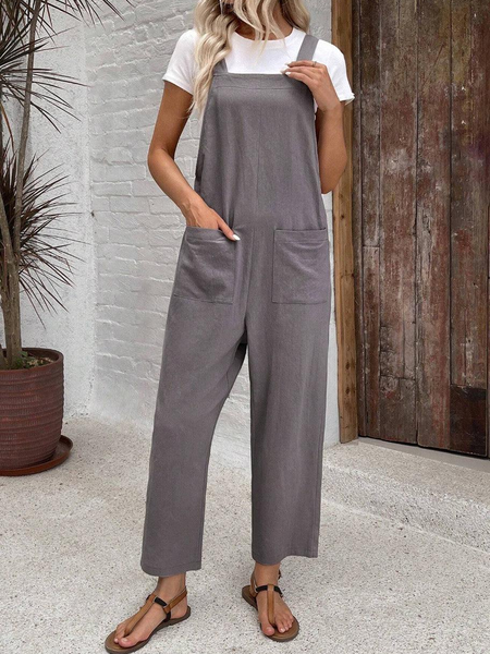 

Women Gallus Spaghetti Loose Ankle Pants Daily Casual Plain Natural Jumpsuit, Gray, Jumpsuits&Rompers