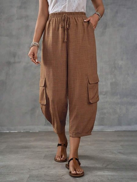 Cotton Casual Loose Plain Pants, Rust, Pants