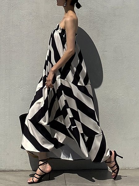 

Strapless Vacation Loose Geometric Dress, Black-white, Maxi Dresses