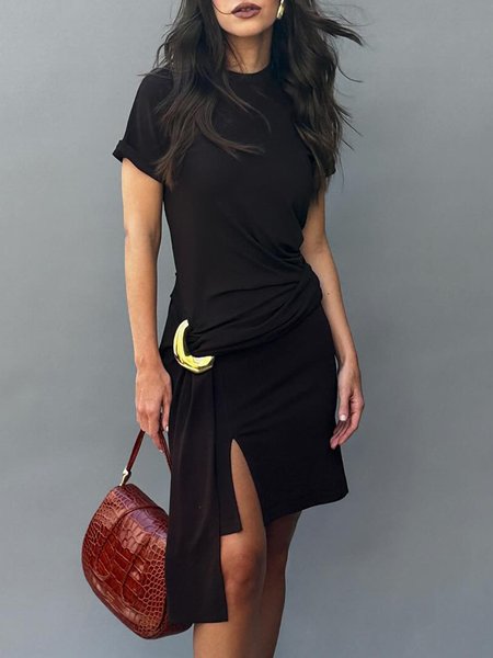 

Plain Regular Fit Urban Ruched Short Sleeve Dress, Black, Mini Dresses