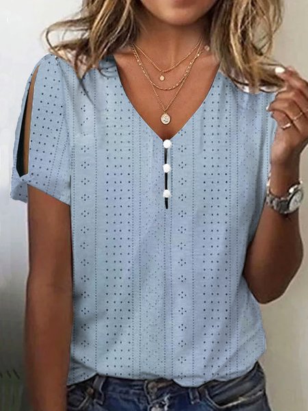 

V Neck Short Sleeve Floral Regular Loose Shirt For Women, Blue, Blouses