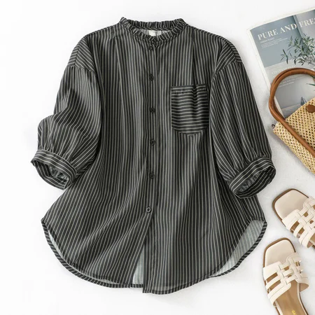 Casual Cotton And Linen Loose Striped Blouse, Black, Blouses & Shirts