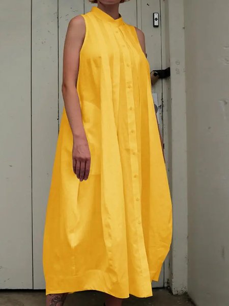 

Urban Stand Collar Plain Loose Dress, Yellow, Maxi Dresses