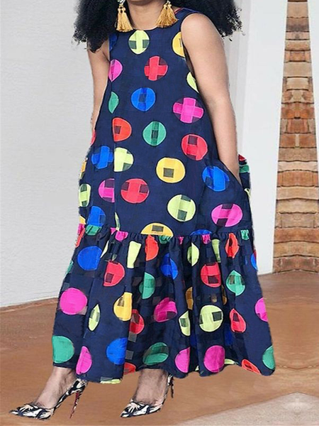 

Loose Geometric Vacation Loose Crew Neck Sleeveless Maxi Dress, As picture, Maxi Dresses