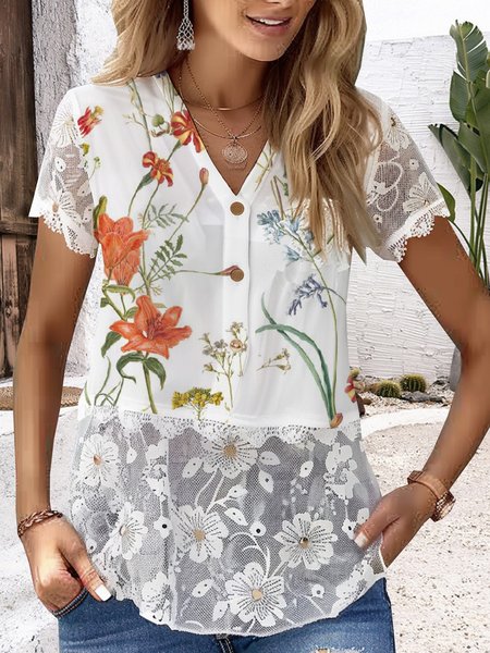 

V Neck Long Sleeve Floral Lace Regular Loose Shirt For Women, White, Blouses