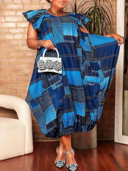 

Urban Contrast Stitching Crew Neck Loose Dress, Blue, Midi Dresses