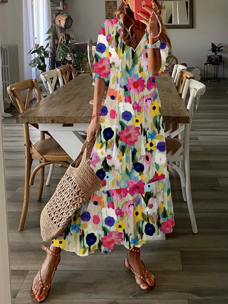 

Women Floral V Neck Long Sleeve Comfy Casual Maxi Dress, Multicolor, Maxi