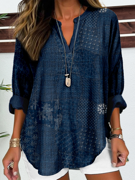 

Notched Long Sleeve Random Print Regular Loose Shirt For Women, Purplish blue, Blouses