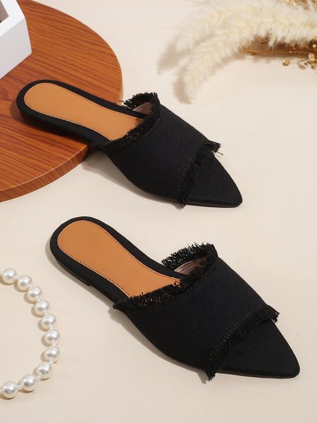 Minimalist Fringed Denim Slide Sandals, Black, Oxfords