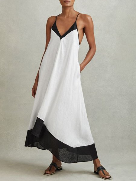

Loose Vacation V Neck Color Block Dress, As picture, Maxi Dresses