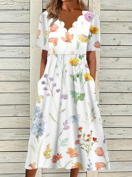 

Women Floral Scoop Neck Short Sleeve Comfy Casual Maxi Dress, Multicolor, Dresses