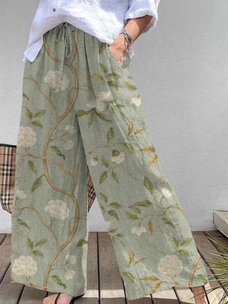 Women's Elastic Waist H Line Wide Leg Pants Daily Pant Green Casual Drawstring Floral Spring Fall Pant
