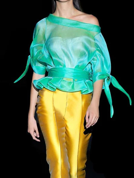 

Loose Asymmetrical Short Sleeve Elegant Shirt, Green, Blouses and Shirts