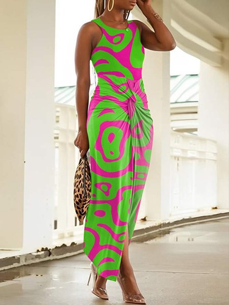 

Crew Neck Regular Fit Abstract Casual Dress, As picture, Maxi Dresses
