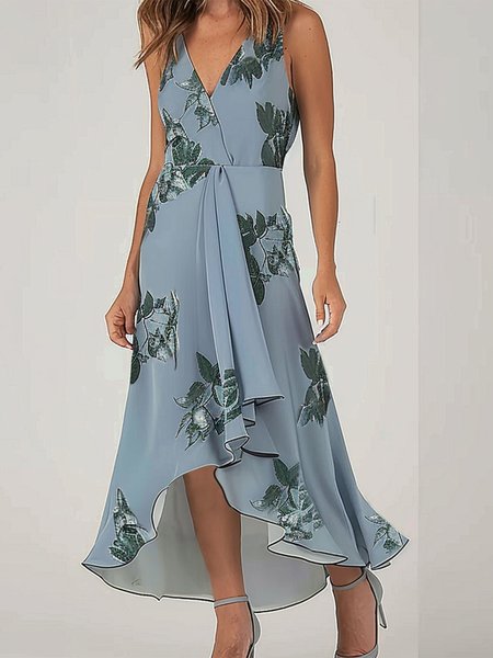 

Women's Summer Floral Vacation V Neck Blue Wedding Guest Asymmetrical Hem Midi Dress, Dresses