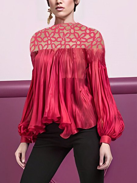 

Half Turtleneck Elegant Plain Loosen Shirt, Red, Blouses and Shirts