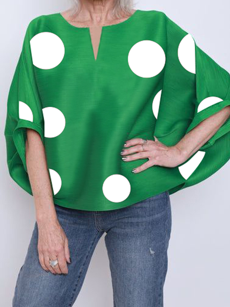 

Loose Urban Short Sleeve Others Polka Dots Shirt, Green, Blouses and Shirts