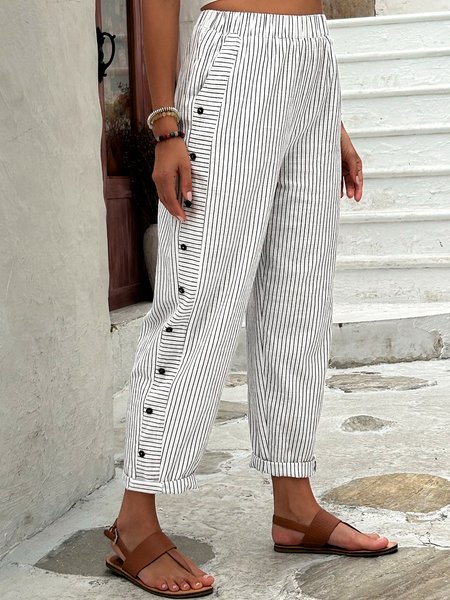 

Women's Trousers Straight Pants Daily Going Out Casual Buttoned Cotton Striped Spring/Fall Pants, Gray, Pants