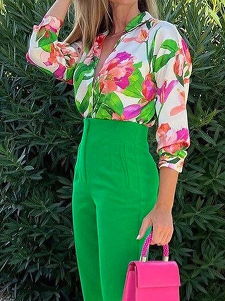 

Urban Floral Regular Fit Shirt Collar Blouse, Green, Blouses and Shirts