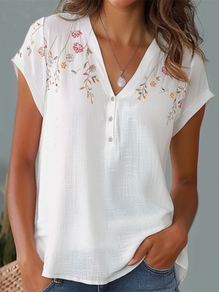 

Women's Short Sleeve Cotton Blouse Summer White Embroidered Cotton V Neck Top, T-Shirts