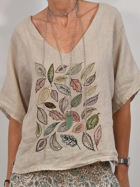 

Women's Short Sleeve Cotton Blouse Summer Embroidered Cotton V Neck Top, Khaki, Shirts & Blouses