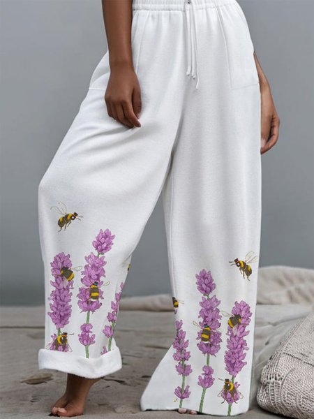 

Women's Elastic Waist H-Line Wide Leg Pants White Casual Pocket Stitching Floral Spring/Fall Pant, Pants