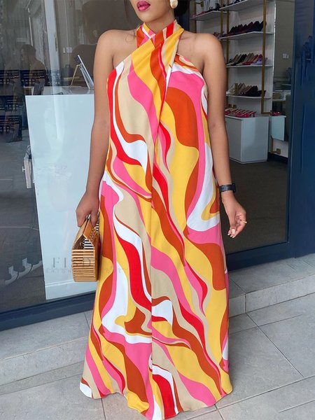 

Abstract Stripes Vacation Loose Halter Dress, As picture, Maxi Dresses