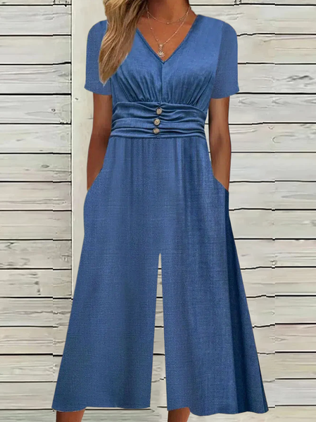 

Women Short Sleeve V Neck Loose Ankle Pants Buckle Daily Casual Plain Natural Jumpsuit, Blue, Jumpsuits&Rompers