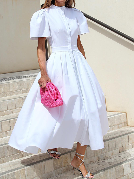 

Stand Collar Short Sleeve Elegant Plain Regular Fit Maxi Dress, White, Maxi Dresses