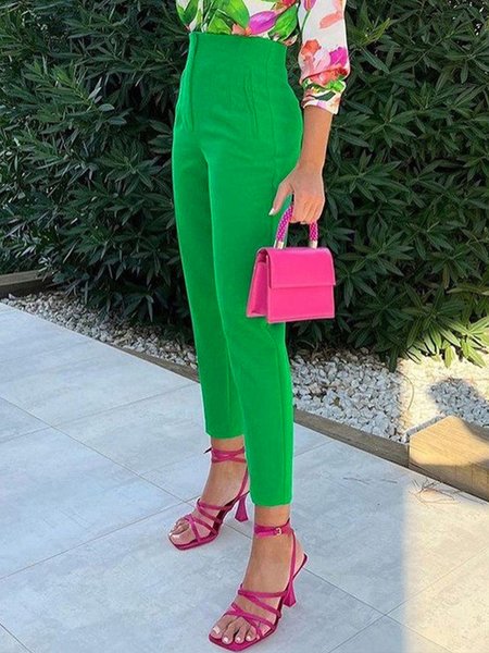 

Urban High Waist Plain Fashion Straight Pants, Green, Pants
