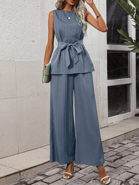 

Women's Knot Front Plain Daily Two-Piece Set Blue Casual Summer Top With Pant, Suit Set