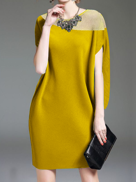 

Elegant Plain Loose Crew Neck Short Sleeve Short Dress, Yellow, Mini Dresses