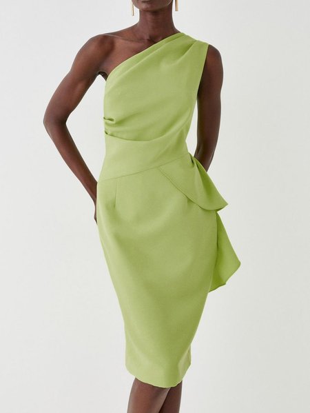 

Women's Sleeveless Summer Plain Ruched Dress One Shoulder Cocktail Going Out Urban Knee Length H-Line, Green, Dresses