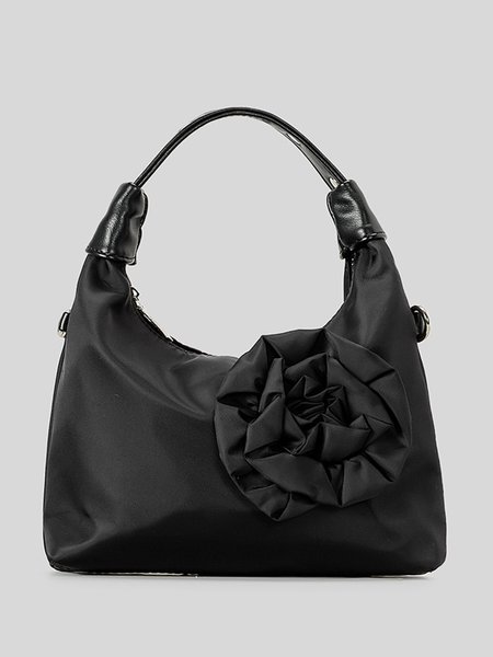 Elegant Rose Applique Nylon Handbag, Black, Bags