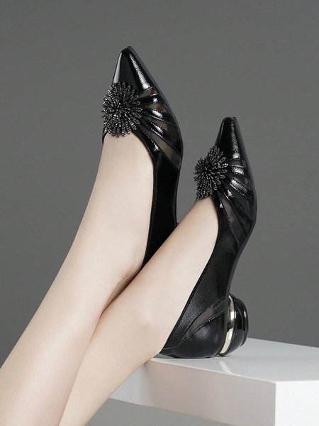 Rhinestone Embellished Applique Breathable Mesh Low Heel Shallow Shoes, Black, Shoes