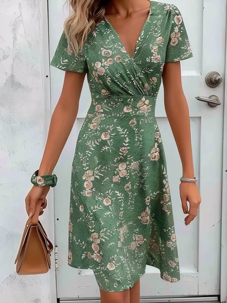 

Women's Summer Floral Vacation V Neck Green Wedding Guest Midi Dress, Dresses