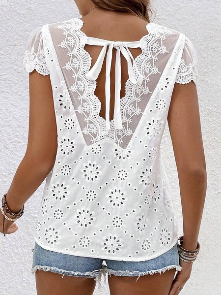 

V Neck Short Sleeve Plain Lace Regular Loose Shirt For Women, White, Blouses