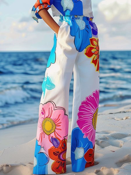 

Printing Vacation Regular Fit Floral Pattern Pants, As picture, Pants